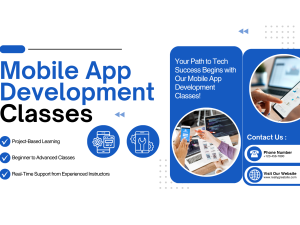 White Blue And Black Modern Mobile App Development Classes Facebook Cover (1920 x 1280 px)