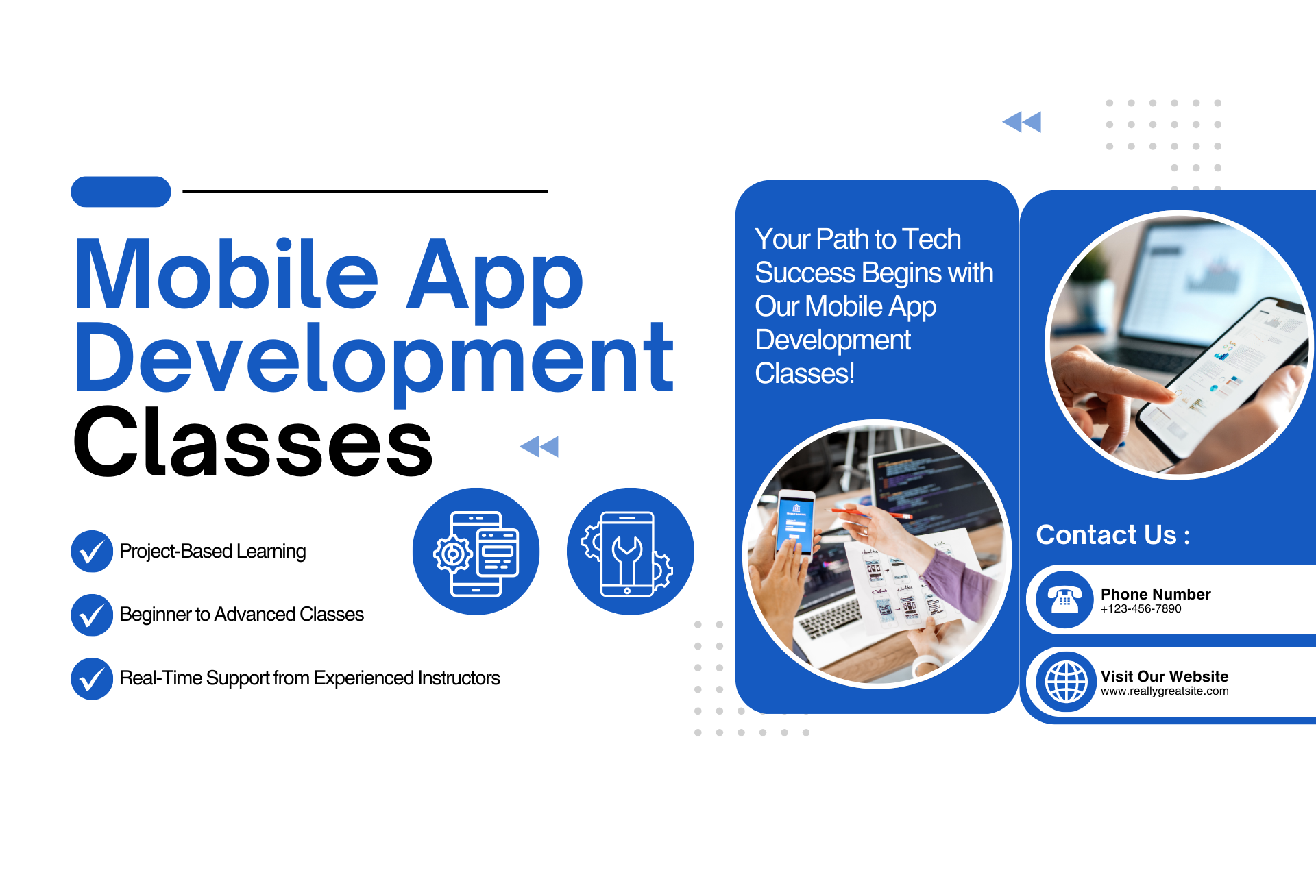 White Blue And Black Modern Mobile App Development Classes Facebook Cover (1920 x 1280 px)